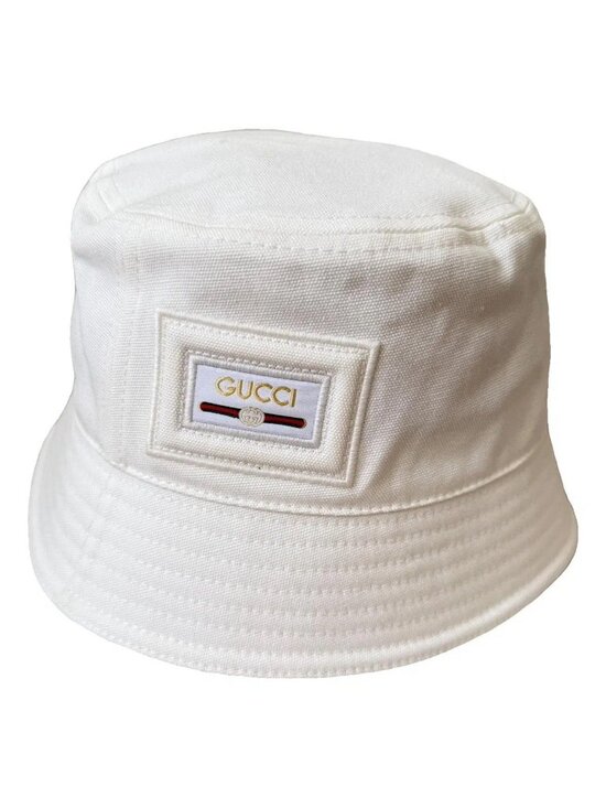 NWT GUCCI CANVAS BUCKET HAT WHITE LOGO Sz S 57 Cm 100% Authentic